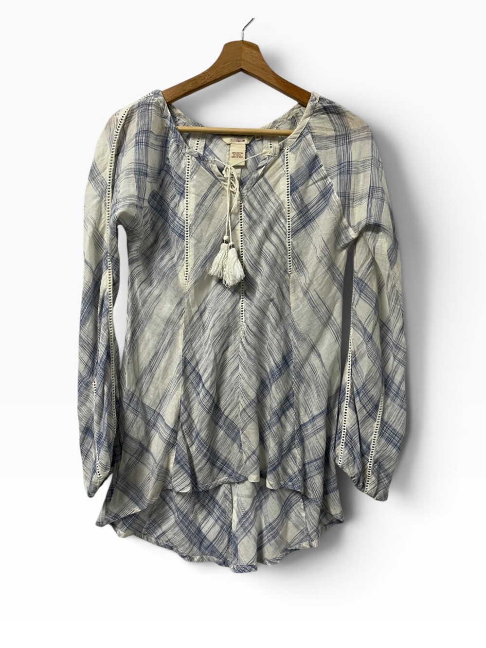 Sundance Boho Peasant Top Women’s XS Blue Cotton Tassel Western Made in India